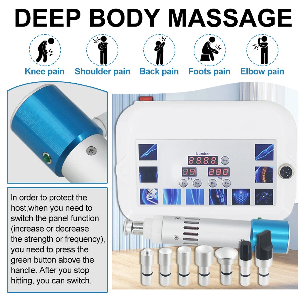 Portable 300mj shockwave therapy machine for pain relief with digital display, blue handle, and multiple massage heads.