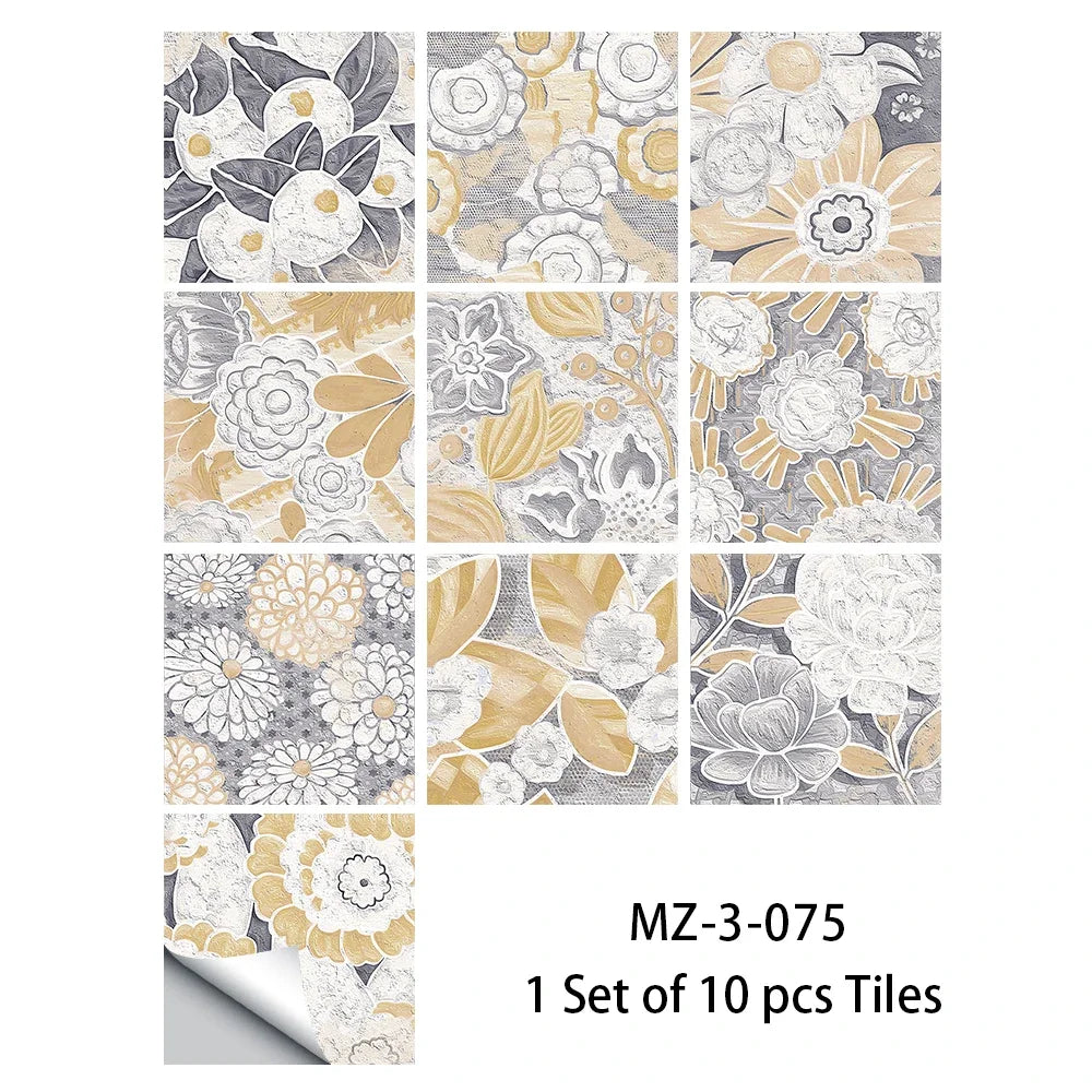 White, gray, and gold floral floor sticker tiles set with botanical and leaf details.
