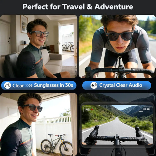 Smart camera sunglasses worn by man, black frame and dark lenses
