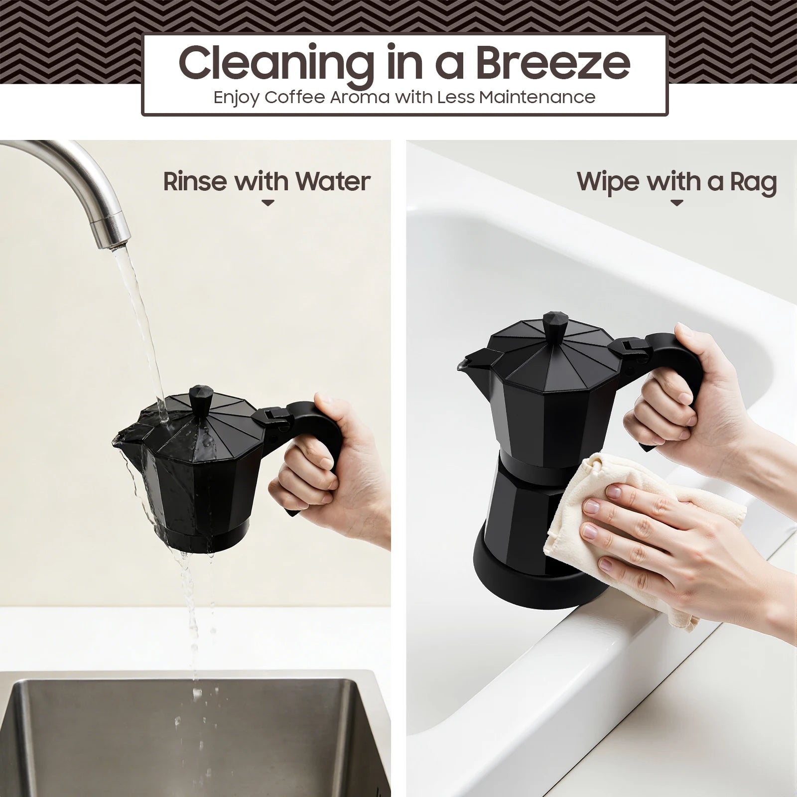Easy-clean black moka pot coffee maker being rinsed with water and wiped with a rag in a kitchen sink.
