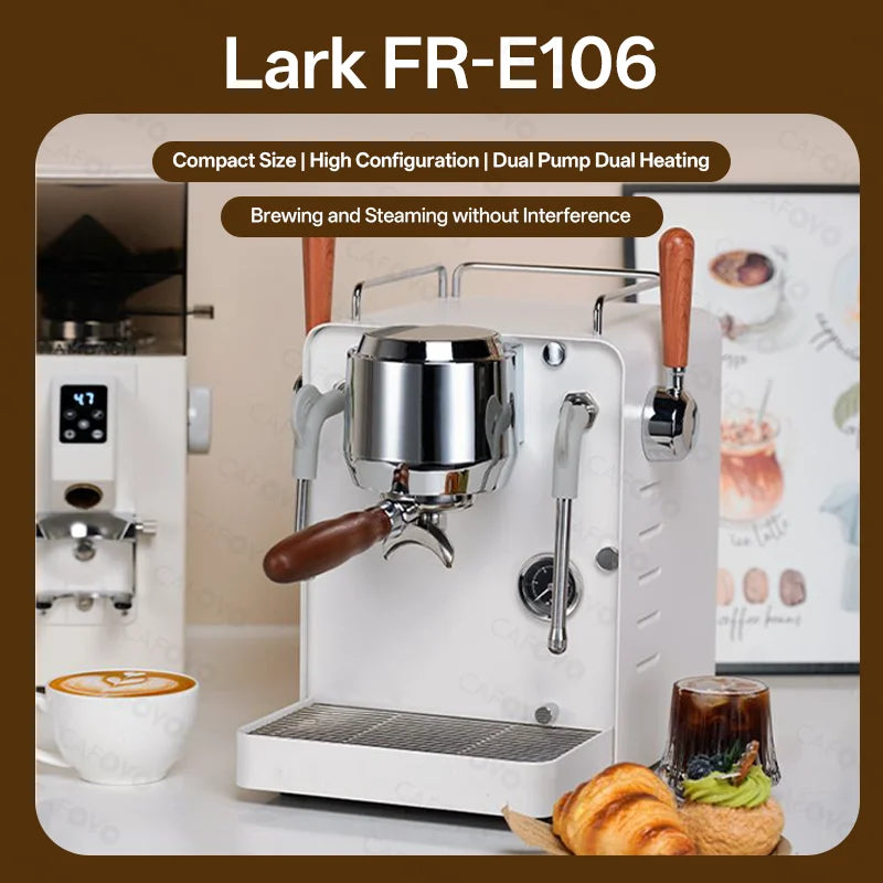 Lark FR-E106 compact white espresso machine with wood handle and dual pump system for home coffee brewing.