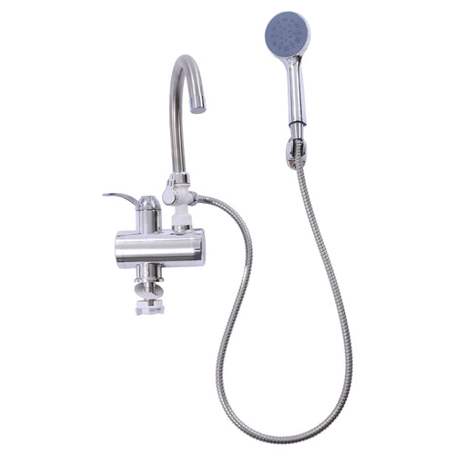 Silver electric faucet with handheld shower head and flexible hose, dual fixture setup