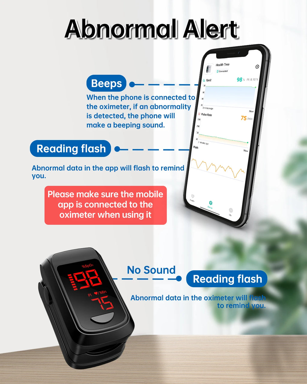 HealthTree Pulse Oximeter APP Control Blood Oxygen Saturation Monitor PI PR Fast Spo2 Heart Rate Monitor Bluetooth Wholesales