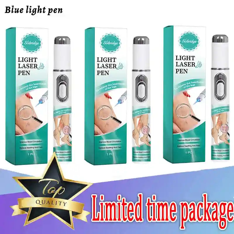 Three blue light laser pens for leg care in teal boxes, shown with magnifying glass visuals of leg veins.