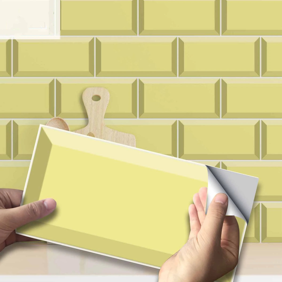 Peel-and-stick brick tile decal sheet in pale yellow for DIY wall updates