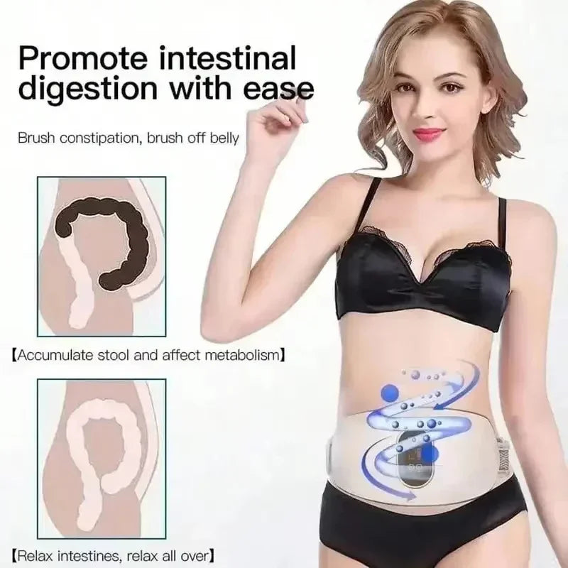 Woman wearing a white, cordless electric body massager belt on her stomach, featuring graphics of digestive health.