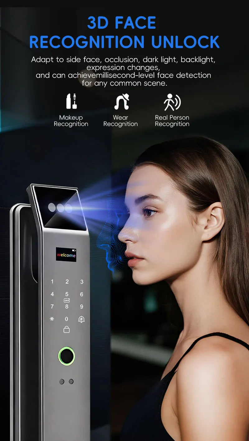 SANKESONG Tuya Smart 3D Face Door Lock with Security Camera Monitor Intelligent Fingerprint & Password Biometric Dual Battery