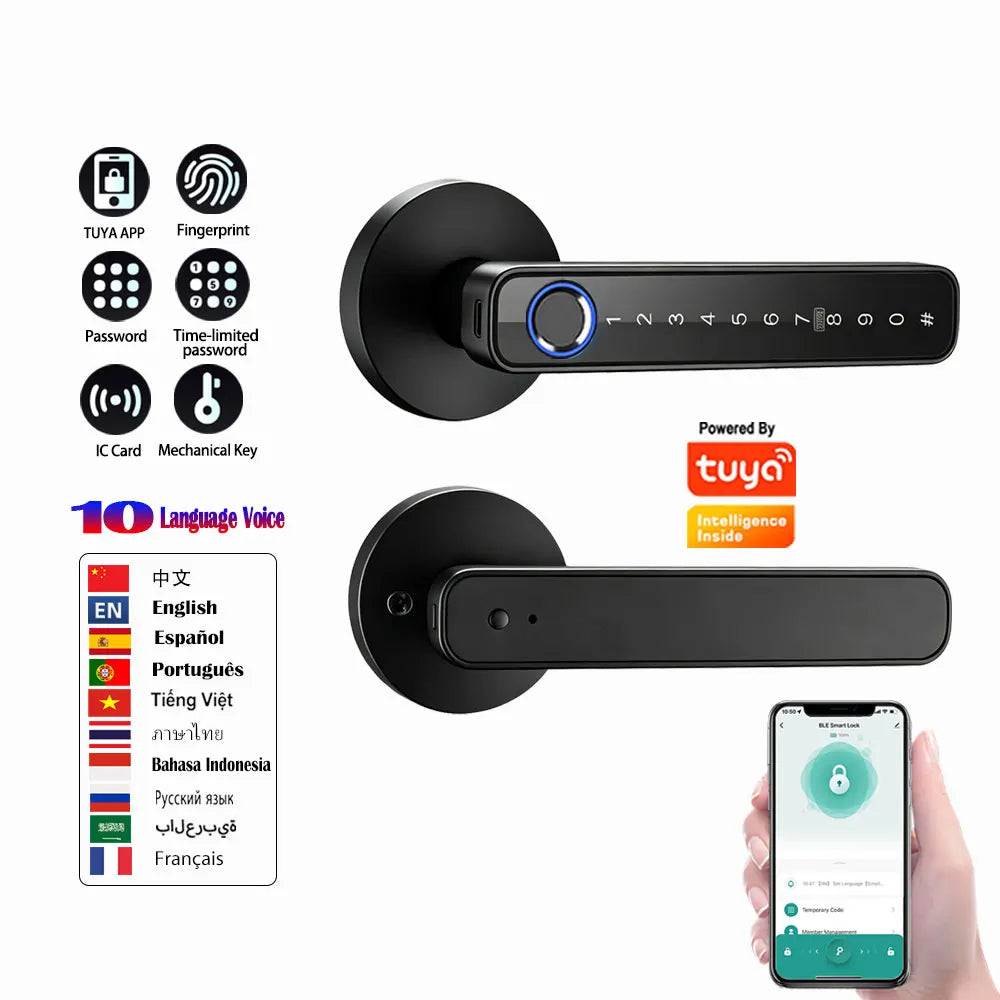 Tuya App Smart Digital Lock Handle with Fingerprint Password Key Card Unlocking Access Handle Lock for Room Home Security