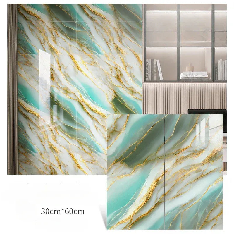 Marble-effect tile wall stickers, pale teal with gold veining, 30x60 cm