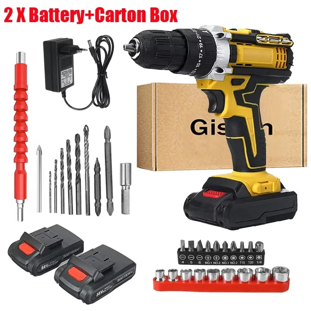 Gisam Cordless Impact Drill Electric Screwdriver Rechargeable Handheld Hammer Drill Power Tool 25+3 Torque Driver Li-ion Battery