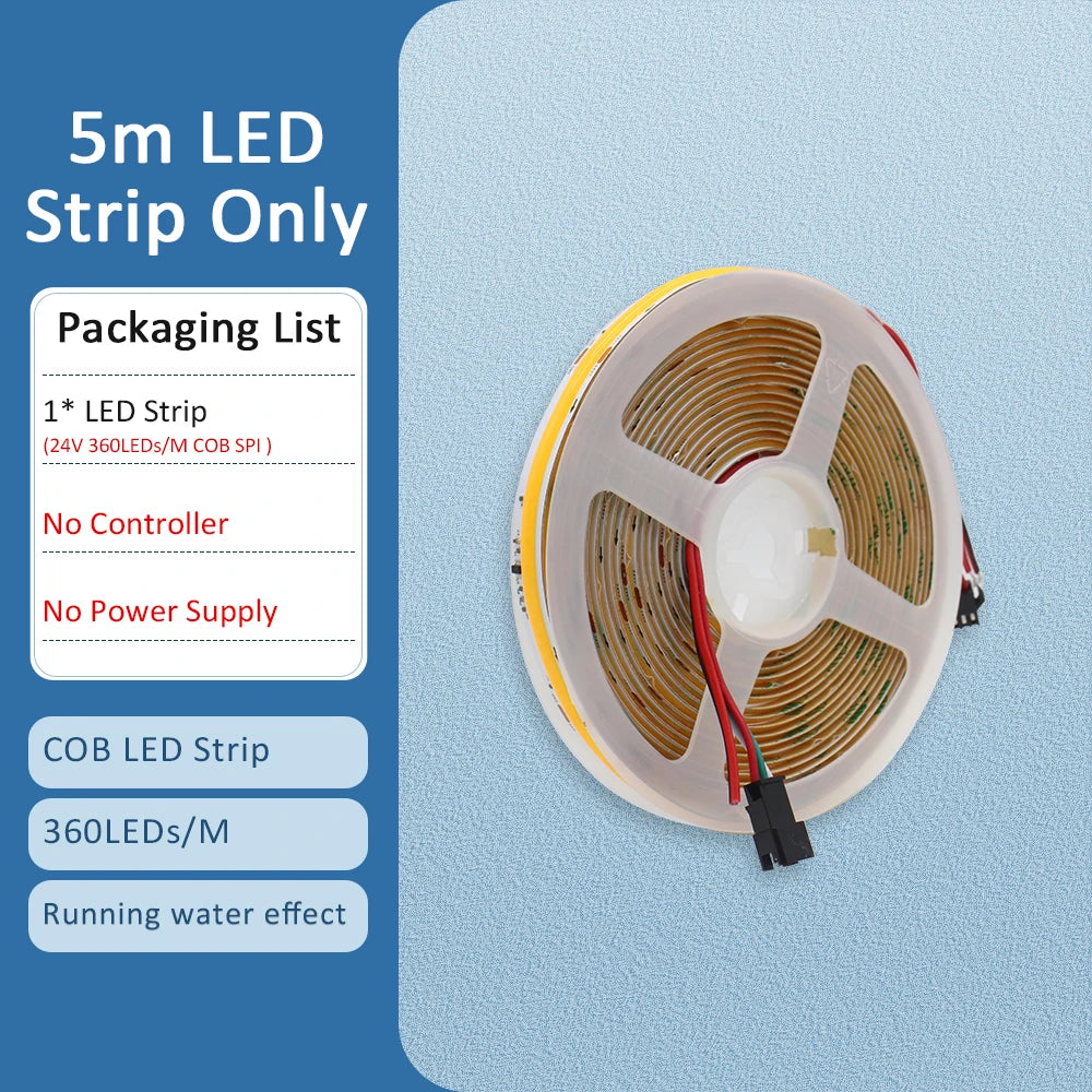 COB LED strip roll with attached wires and black connector ends