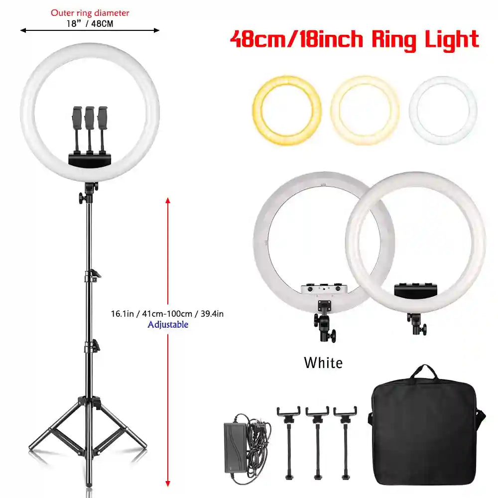 18 Inch LED Ring Light with Adjustable Tripod for Professional Streaming white 100cm tripod Tidesmit