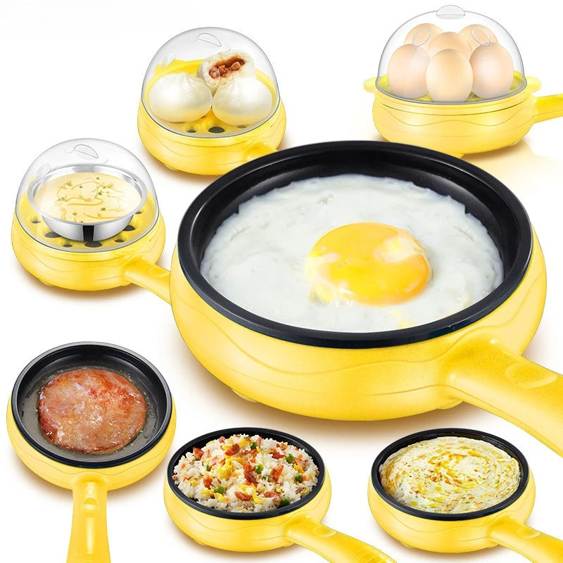 Yellow electric egg cooker with poaching/frying pans and domed egg tray, shown with eggs.