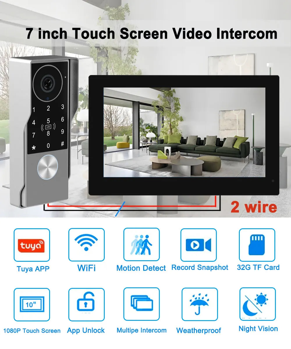 7inch Visiophone 2 Wire Video Porter Doorbell Camera WiFi Intercom System Wireless Video Ringtone Doorphone Tuya Password Unlock