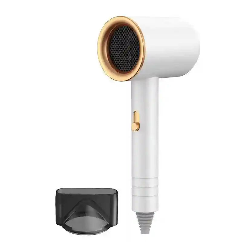 Professional white and gold 1000W ionic hair dryer with nozzle attachment for fast, quiet, salon-quality drying.