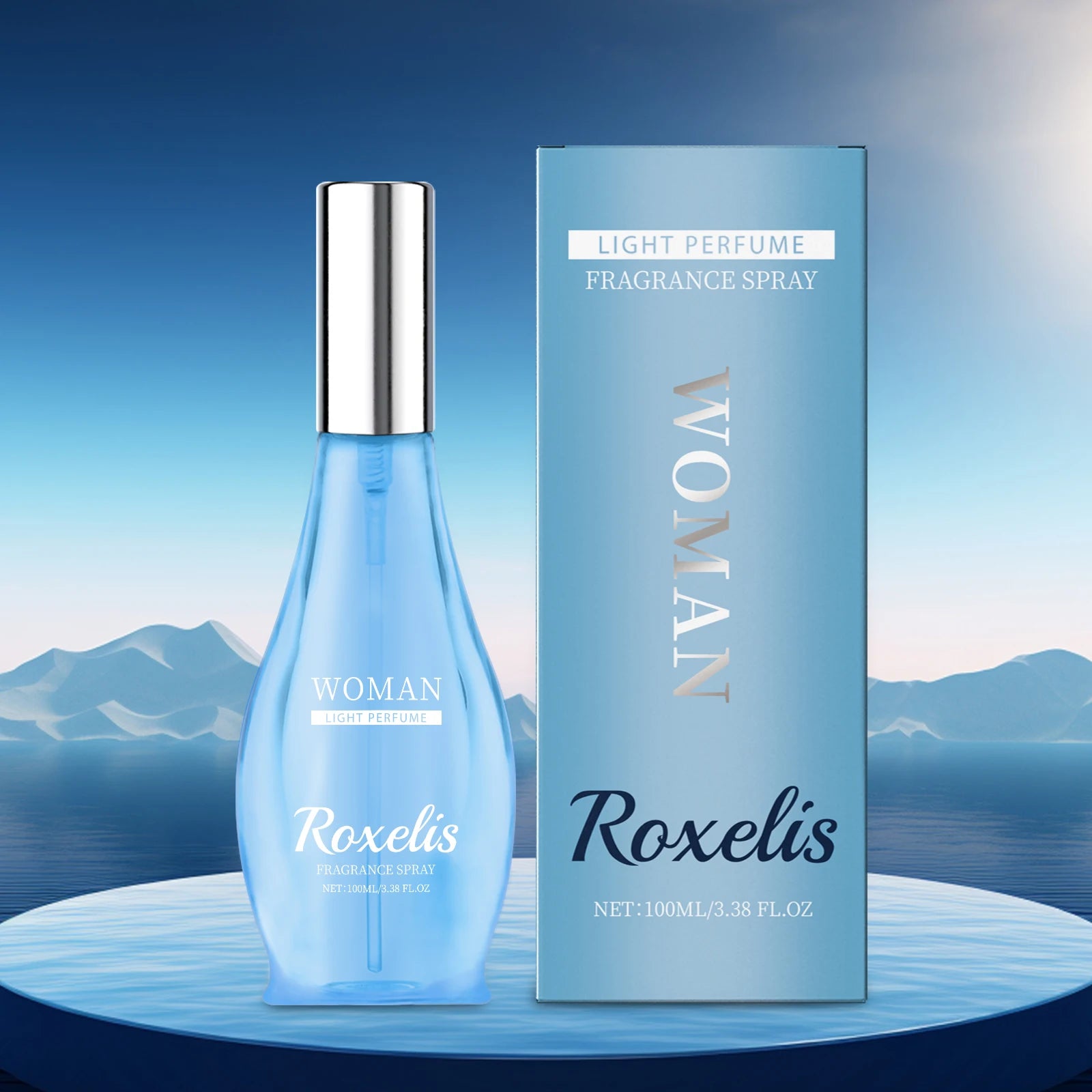 Roxelis Woman Oriental Coconut EDT: Elegant 100ml curved blue glass bottle perfume spray for women.