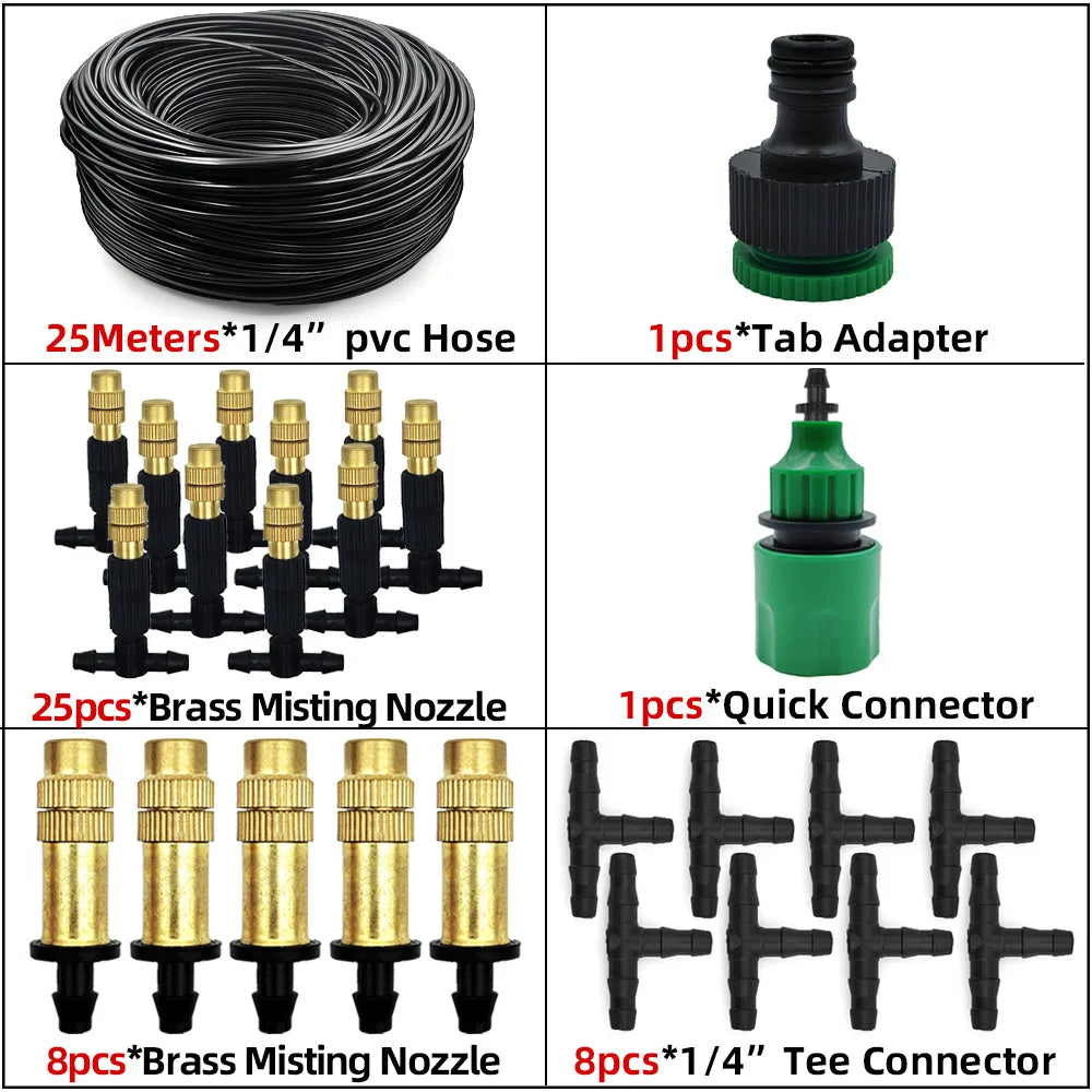 Misting irrigation kit with black hose coil, brass misting nozzles, quick connector, and tee connectors