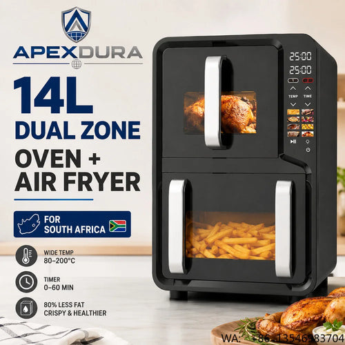 Black dual zone air fryer oven with digital touch panel and two viewing windows