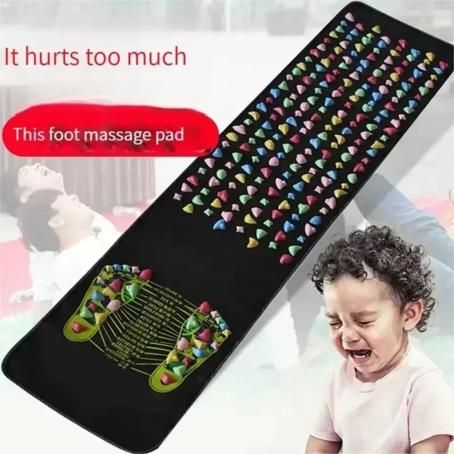 Black acupressure foot massage pad with colorful reflexology stones and foot map for home pain relief and walking.
