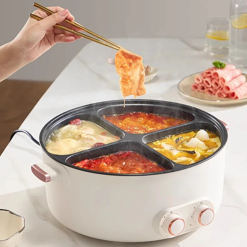 White 4-compartment electric hot pot with food heating in separate sections