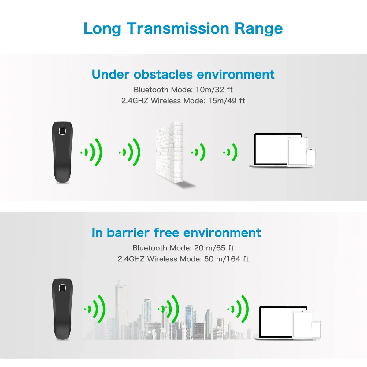 Black handheld wireless barcode scanner with signal coverage icons
