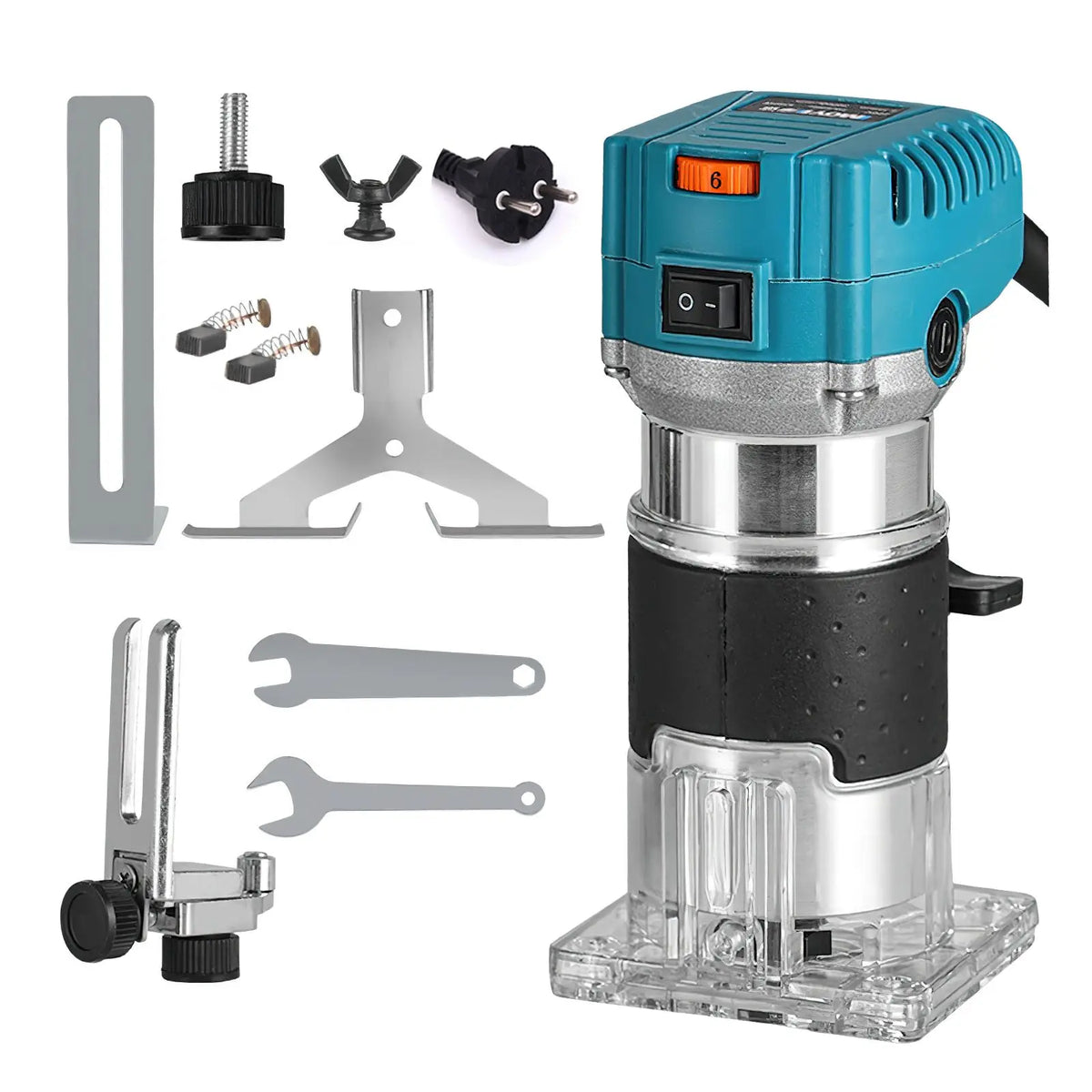 Teal wood router with transparent base and included mounting tools and wrenches