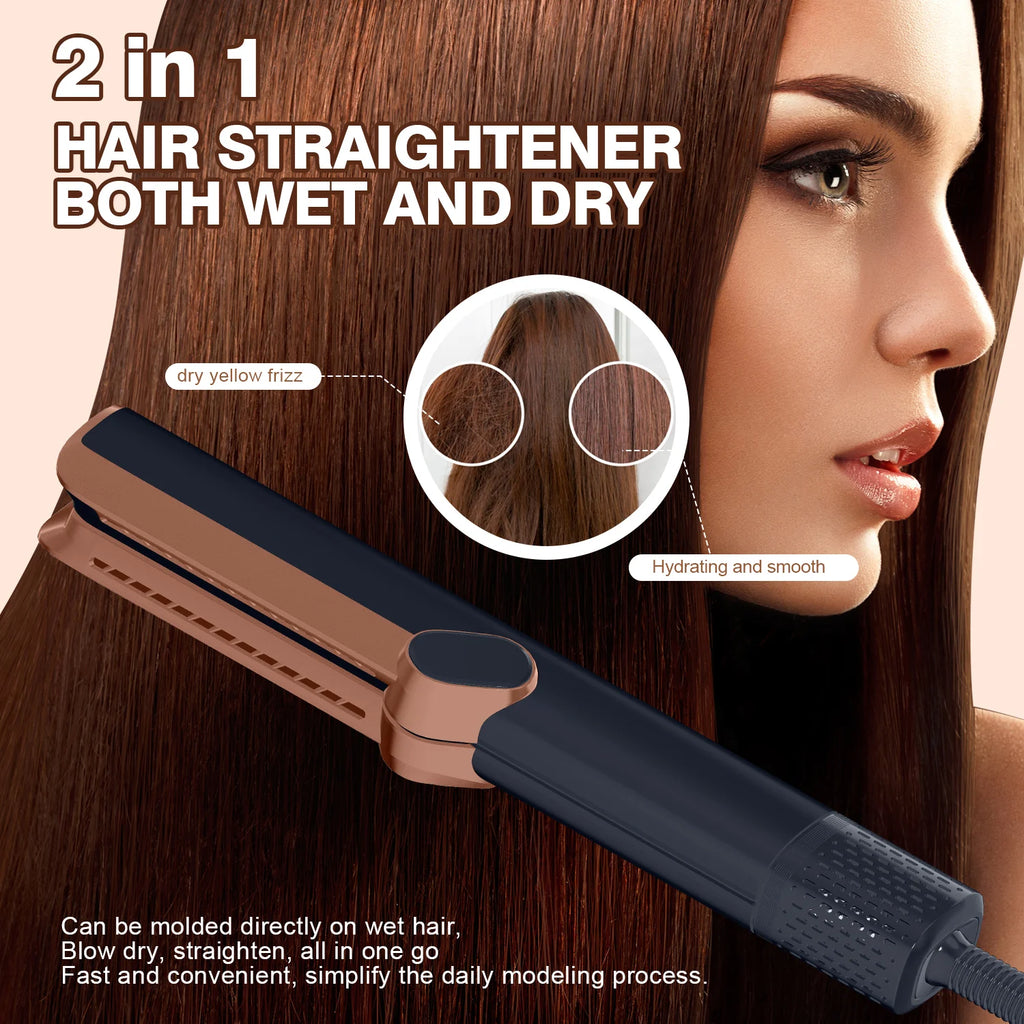 2in1 ionic hair straightener and dryer in black and rose gold for wet and dry hair styling for smooth, frizz-free hair.