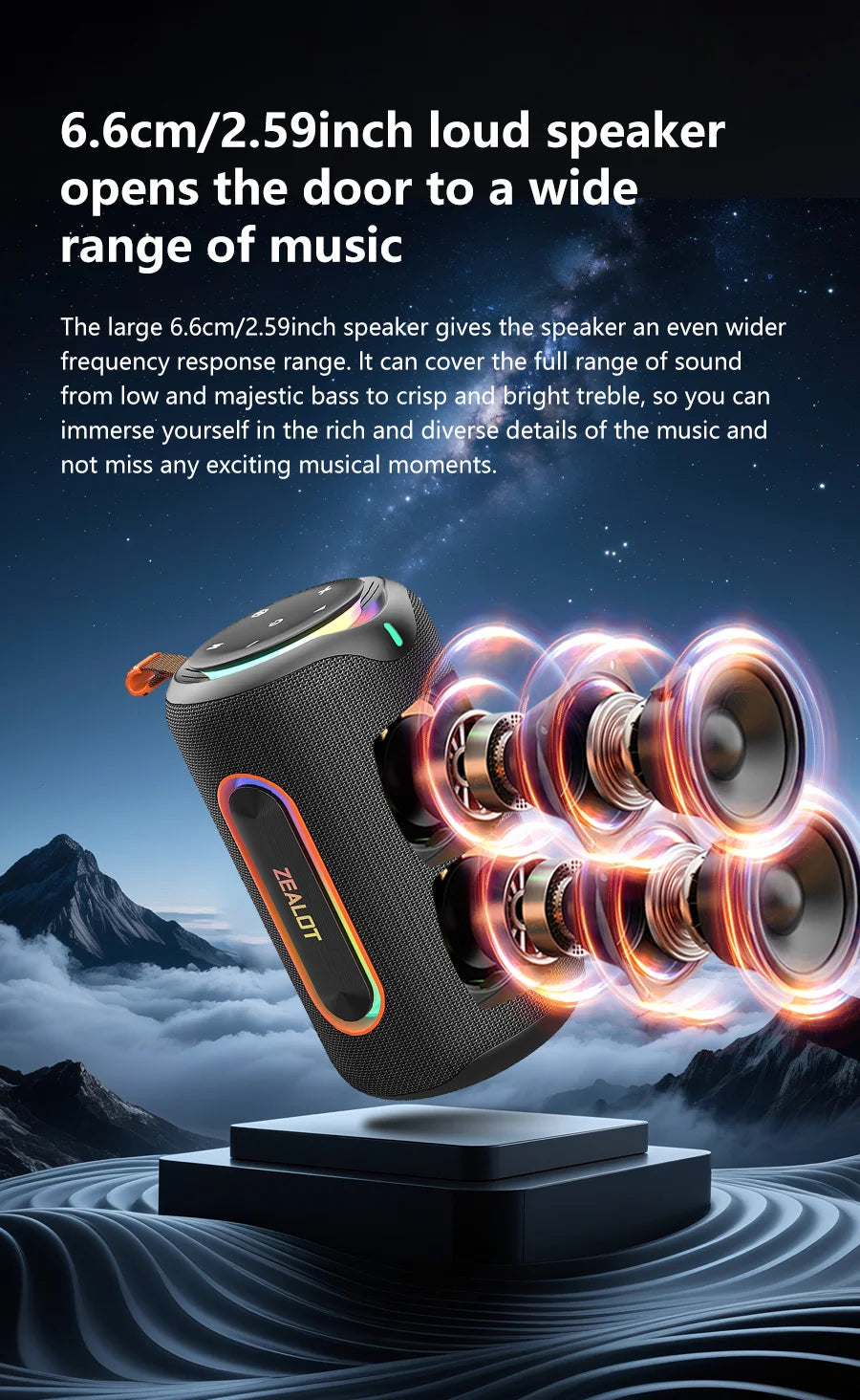ZEALOT-MP1 60W Wireless Speakers,RGB Light,30 Hours Playtime,, Waterproof IPX 6,Wireless Speaker, Dual Pairing, 8000mAh Battery.