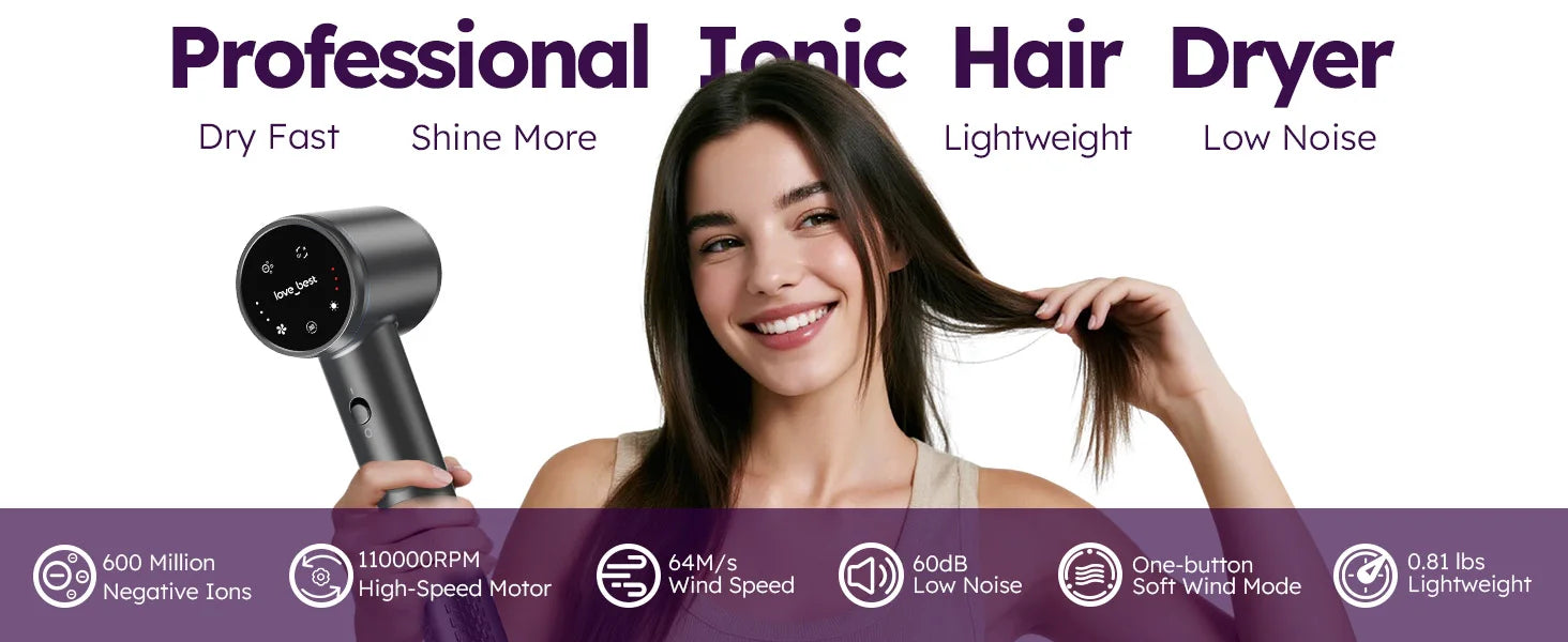 Grey high-speed ionic hair dryer with digital display, 110k RPM motor, and fast-drying technology for smooth, shiny hair.