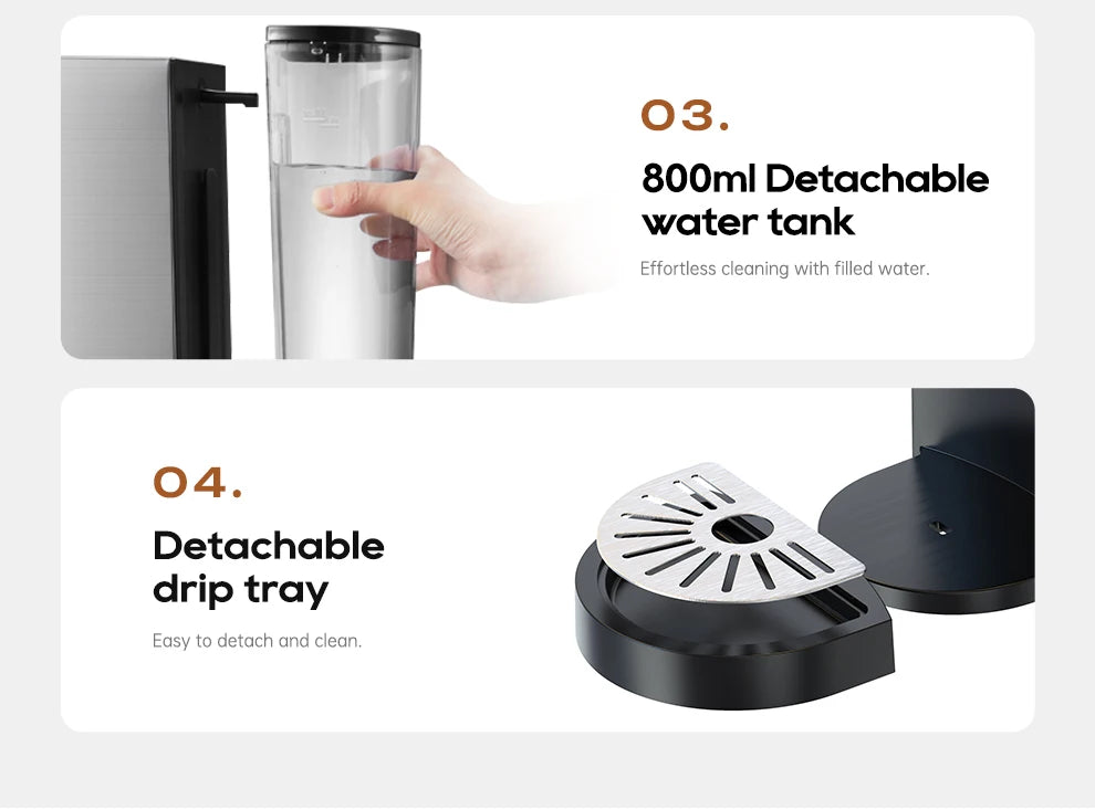Coffee maker features: 800ml clear detachable water tank and stainless steel removable drip tray for easy cleaning.