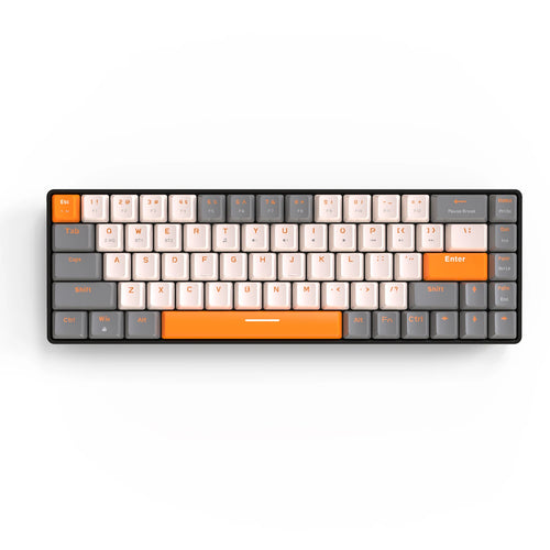 Ziyoulang K68 wireless 60% mechanical keyboard with grey, white, and orange keycaps and hot-swappable red switches.