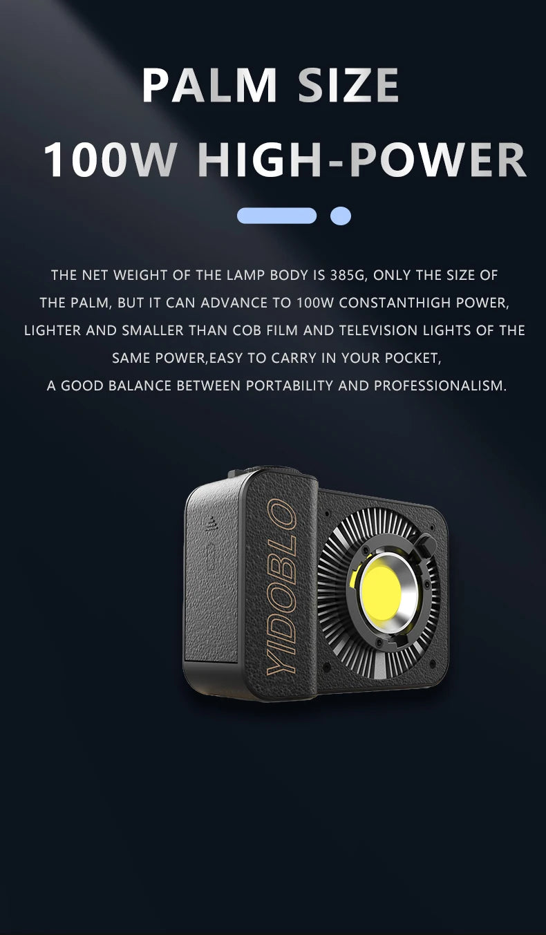Compact 100W COB LED video light. Small, black, rectangular pocket-sized device with a prominent circular lamp head.