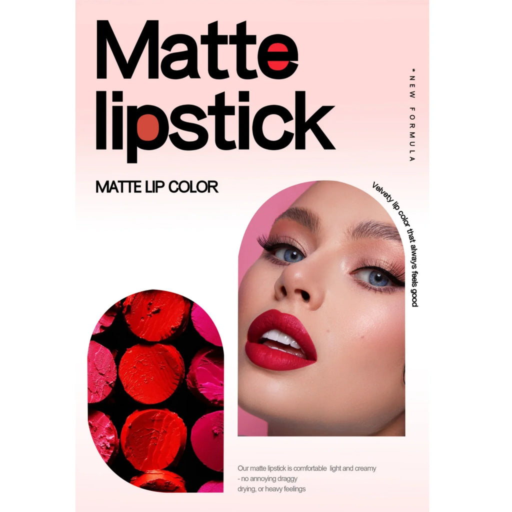 8pcs velvet matte lipstick set with creamy long-lasting red and pink shades on a model. Professional lip makeup kit.