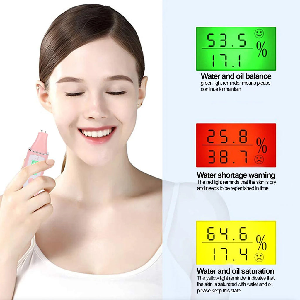 Pink portable facial skin analyzer pen with digital display showing water and oil hydration levels for home skincare.