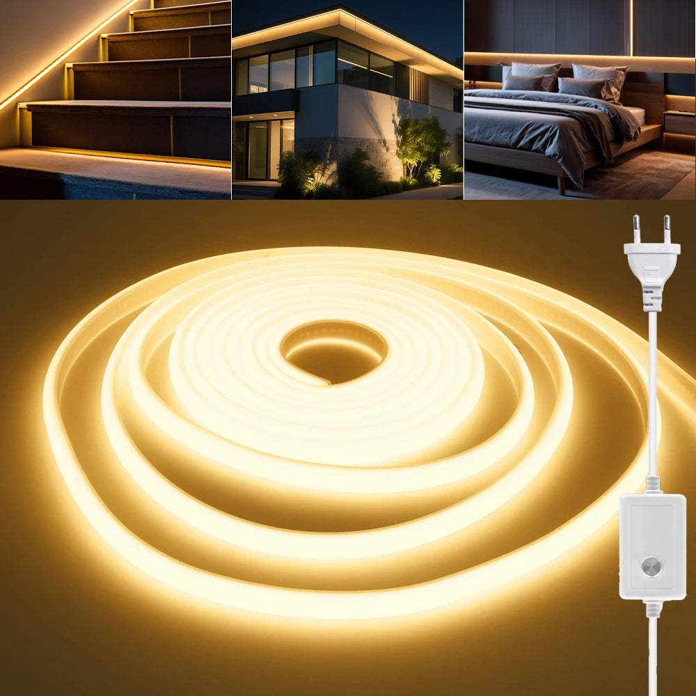 220V Dimmable COB Led Strip Light ON/OFF Dimmer Waterproof 288Leds Flexible Neon Lamp Home Decor EU Power Kit Warm Natural White
