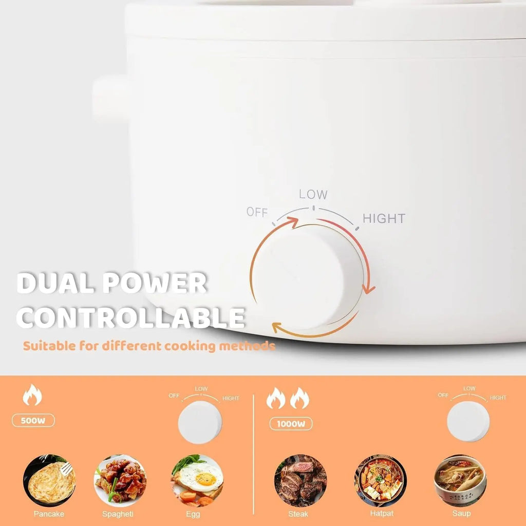 Electric hot pot base with temperature knob and curved dial indicator in white