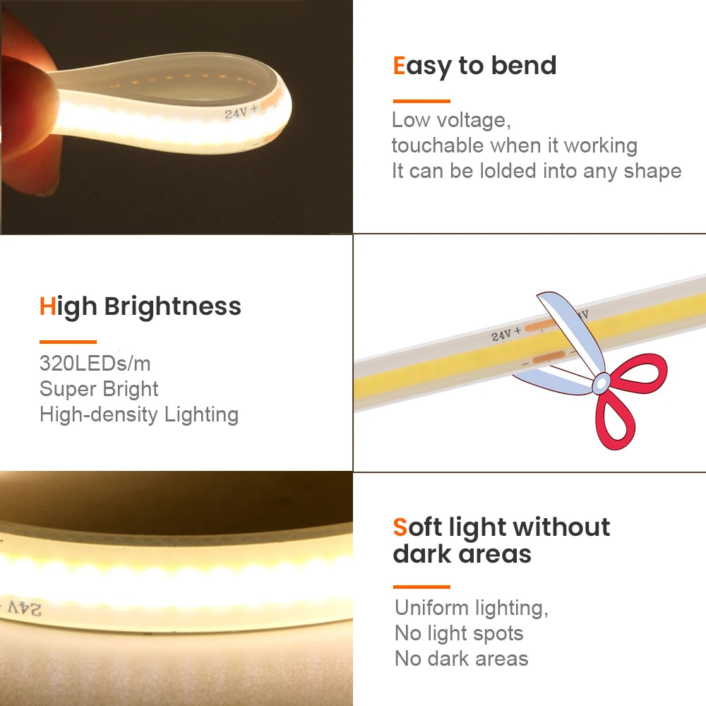 12V 24V IP68 Waterproof COB LED Strip Light 5m 10m 15m 20m 0.5m Flexible Tape IP30 320 LEDs High Density Bright Liner Lighting