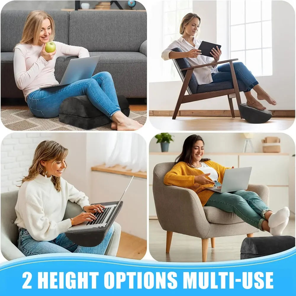 2-in-1 adjustable black foam ergonomic foot rest for desk, home, and office use to relieve back and knee pain.