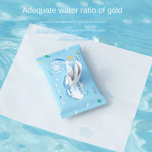 EDI baby care wipes, 10 count travel pack with blue packaging design for gentle cleaning.