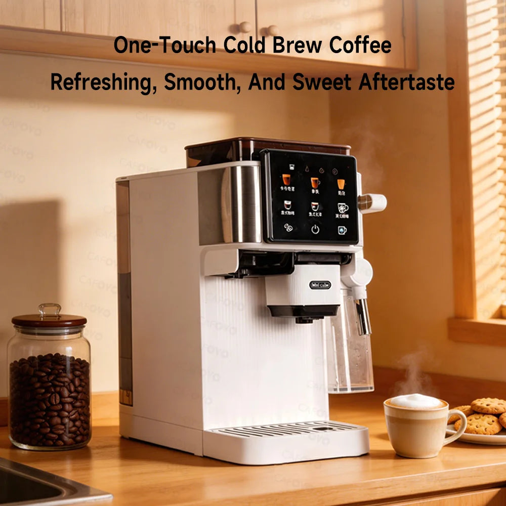 Cafovo white automatic espresso machine with touchscreen and milk frother on a kitchen counter.
