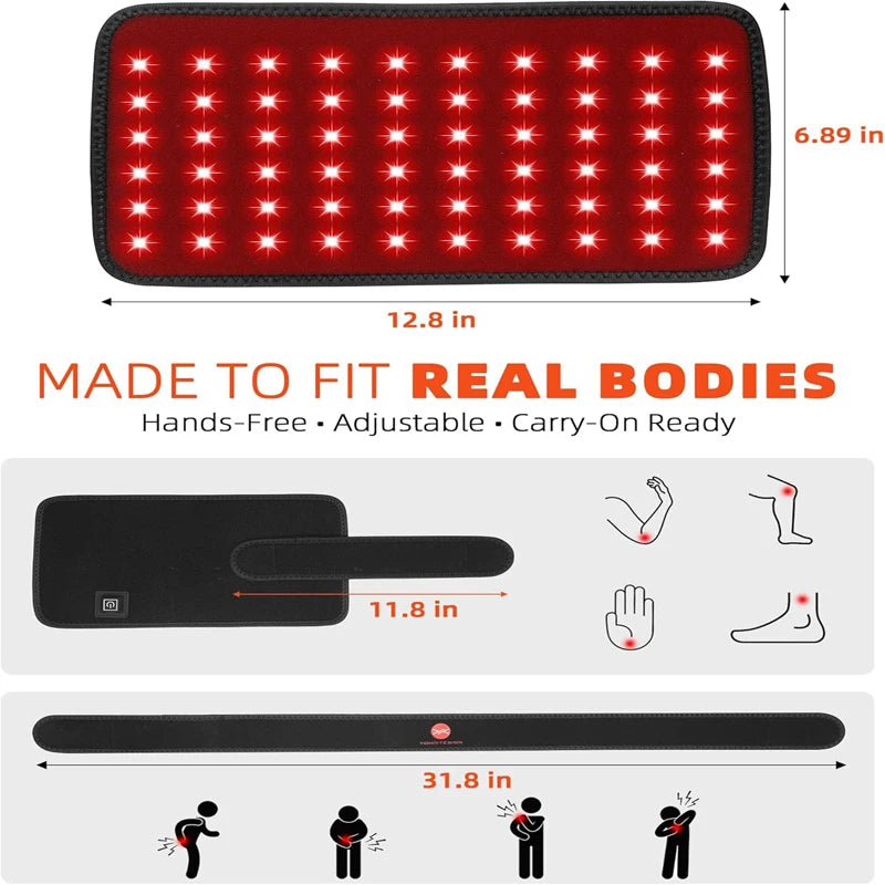 Portable red light therapy belt for pain relief, featuring 660nm and 850nm LED lights for back and waist treatment.