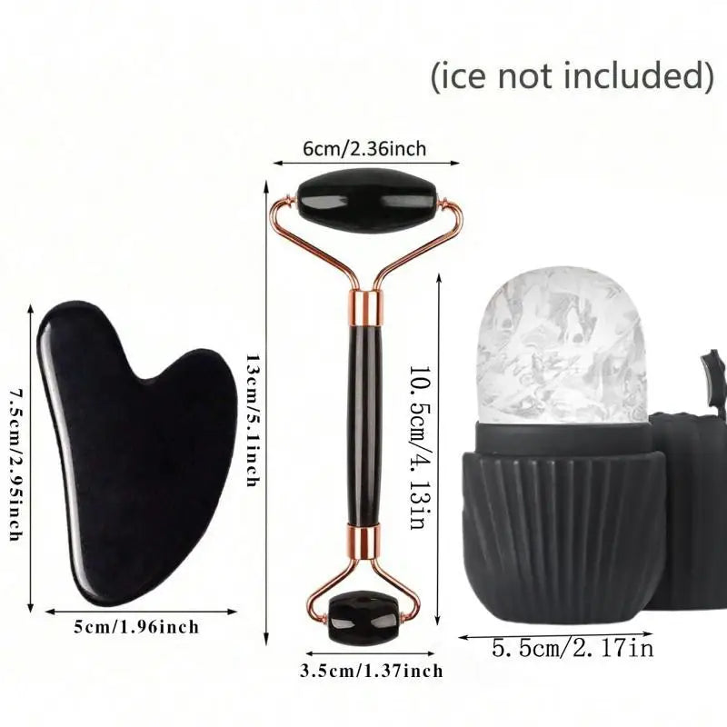 Black gua sha tool, dual-ended jade facial roller with rose gold accents, and a black silicone ice roller mold.