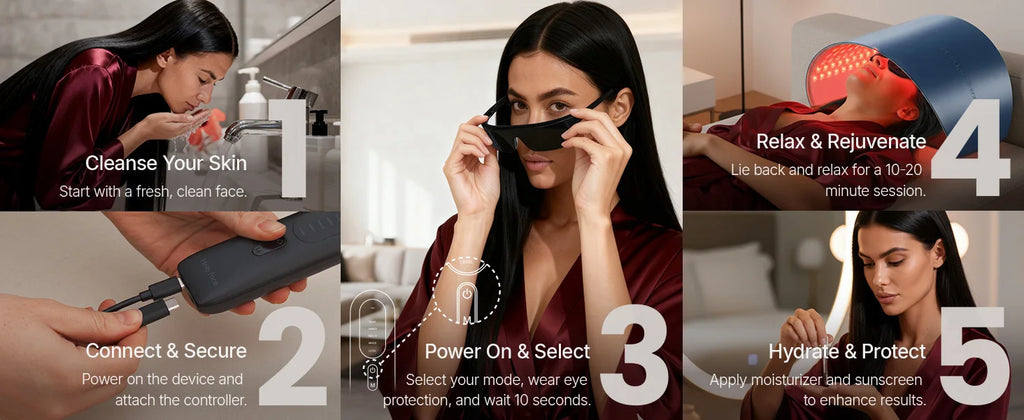 A five-step guide for using a red light therapy dome device, showing charging, eye protection, and usage instructions.