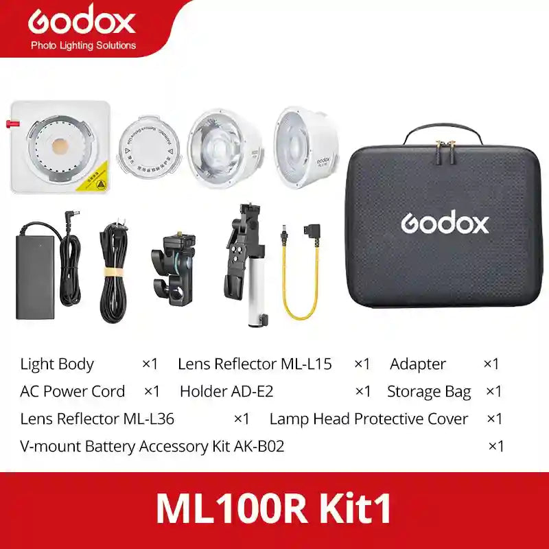 ML100R Kit1 lighting set including white LED light, two reflectors, power adapter, mount holder, and black storage bag.
