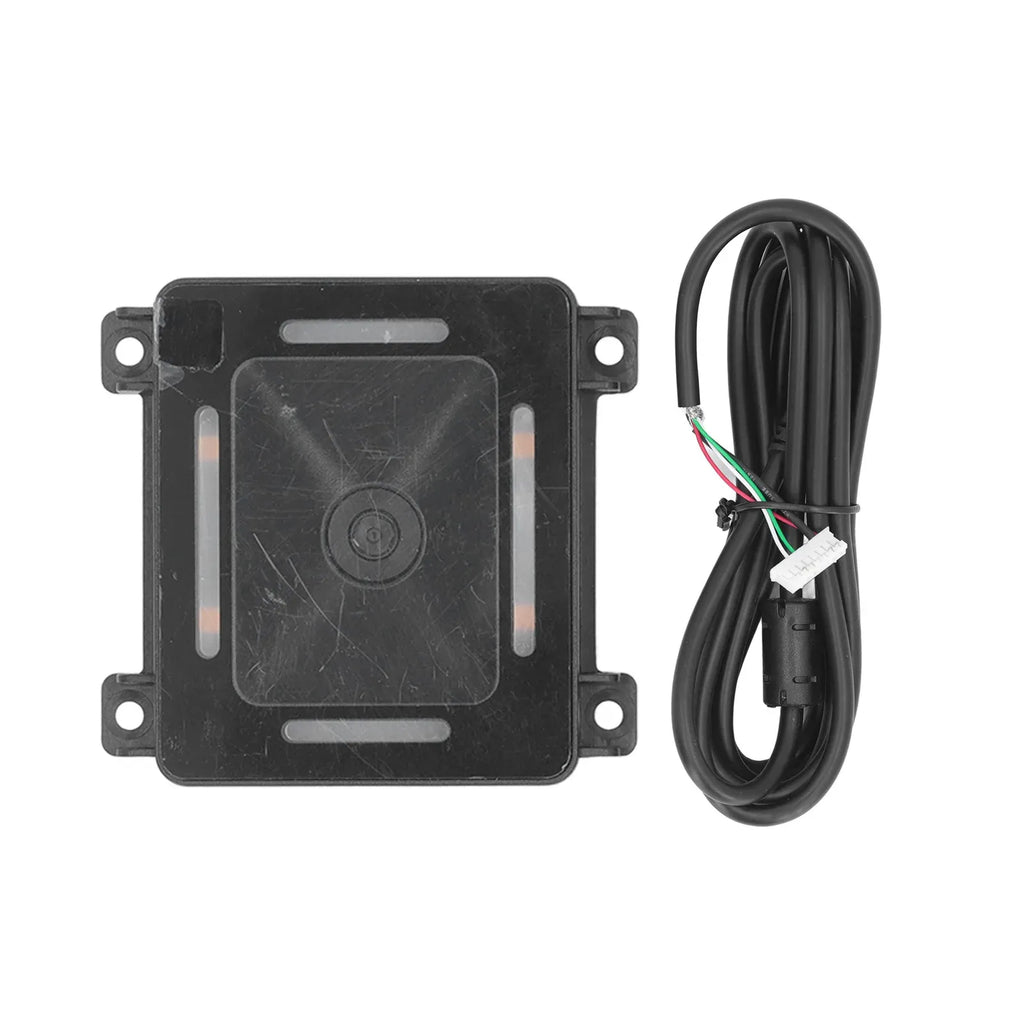Black 2D barcode scanner module with wiring harness and mounting holes for fixed installation.