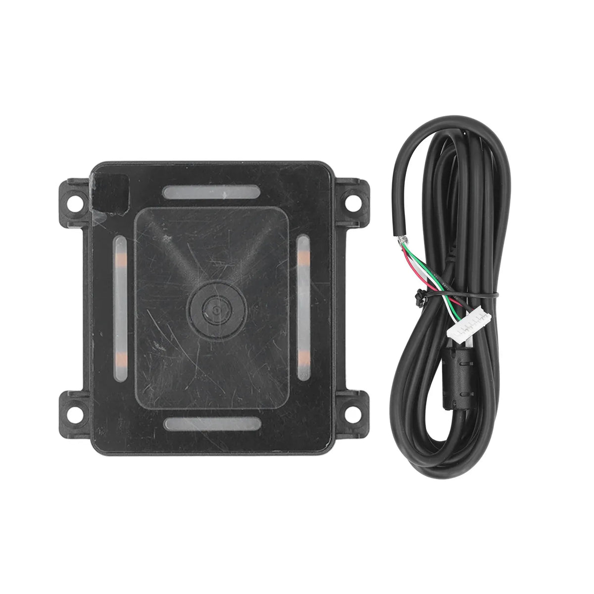 Black 2D barcode scanner module with wiring harness and mounting holes for fixed installation.