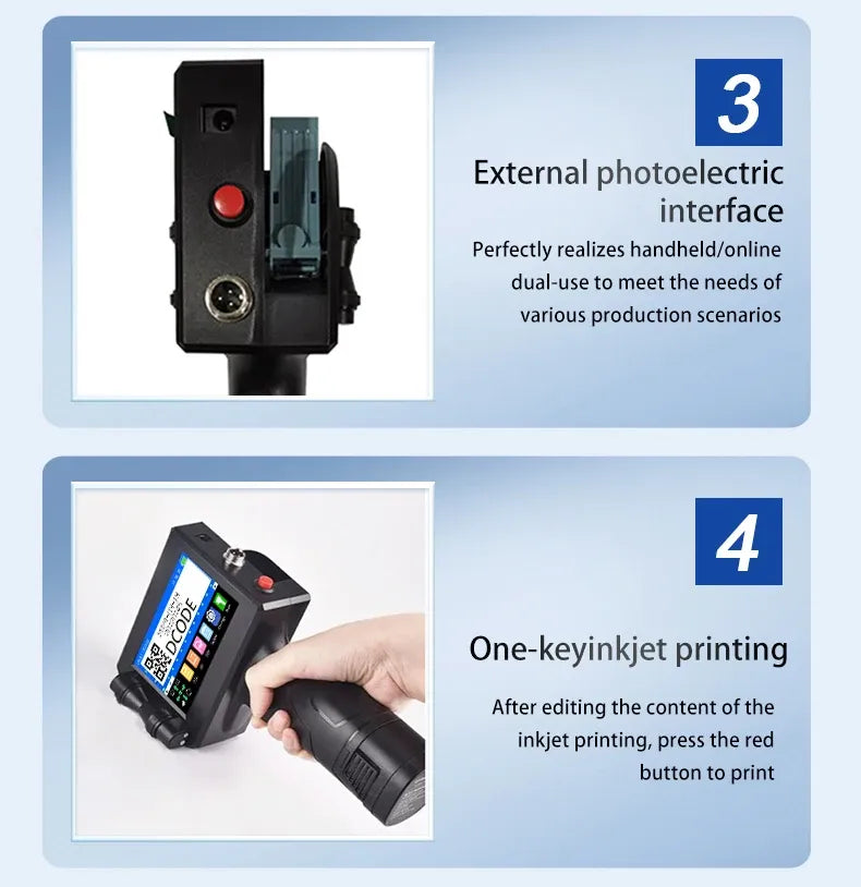 Handheld inkjet printer module with side interface and external connection ports
