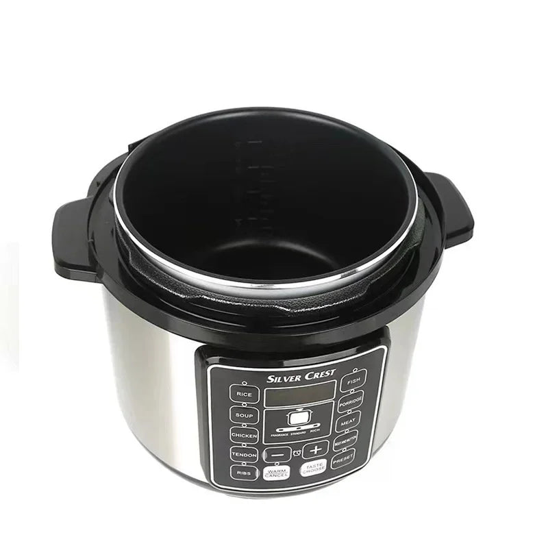 Stainless steel electric pressure cooker with black lid and digital control panel