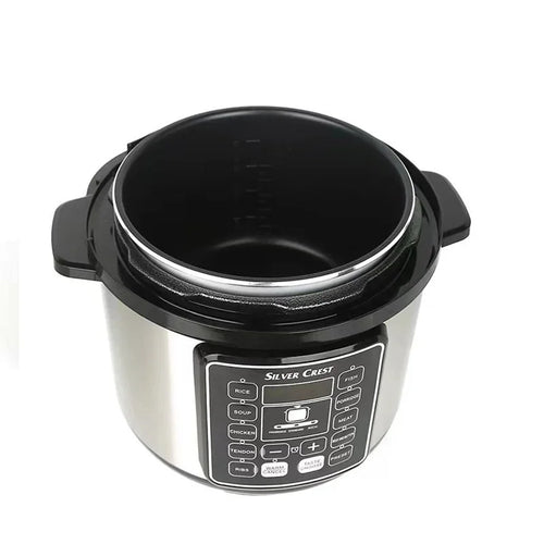 Stainless steel electric pressure cooker with black lid and digital control panel
