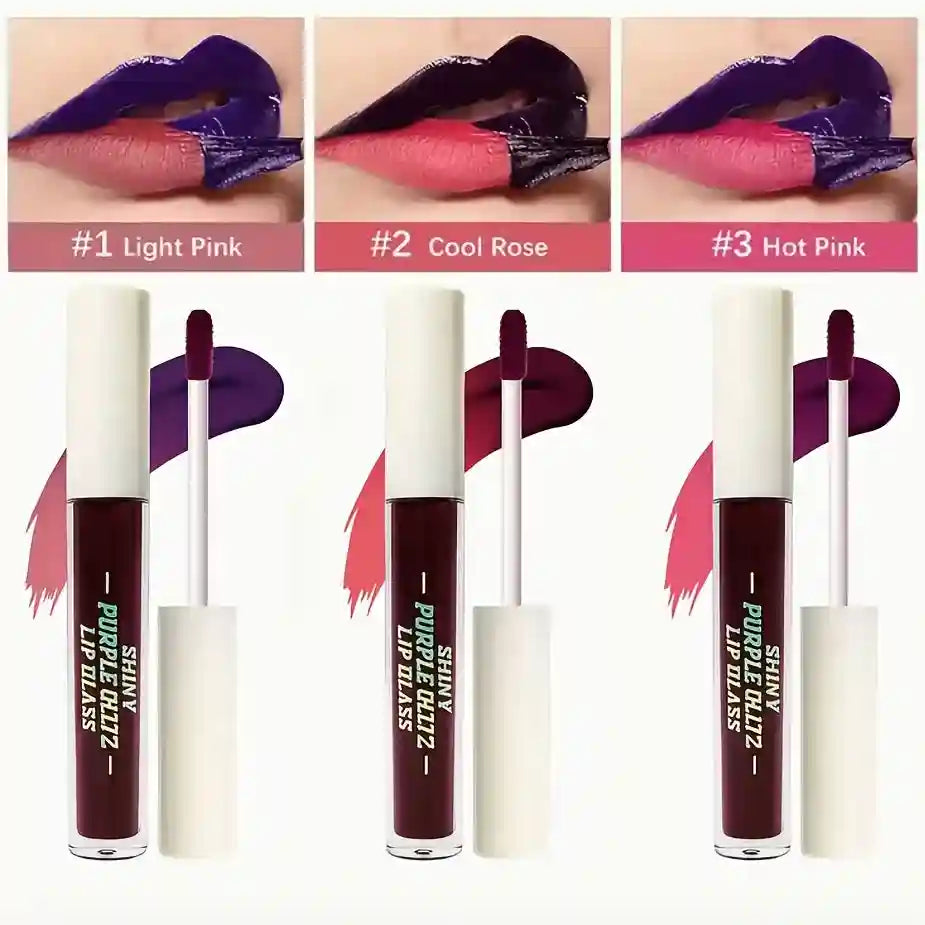Long-lasting peel-off matte lip ink in pink and purple shades, showing liquid lipstick applicator and stained lip finish.